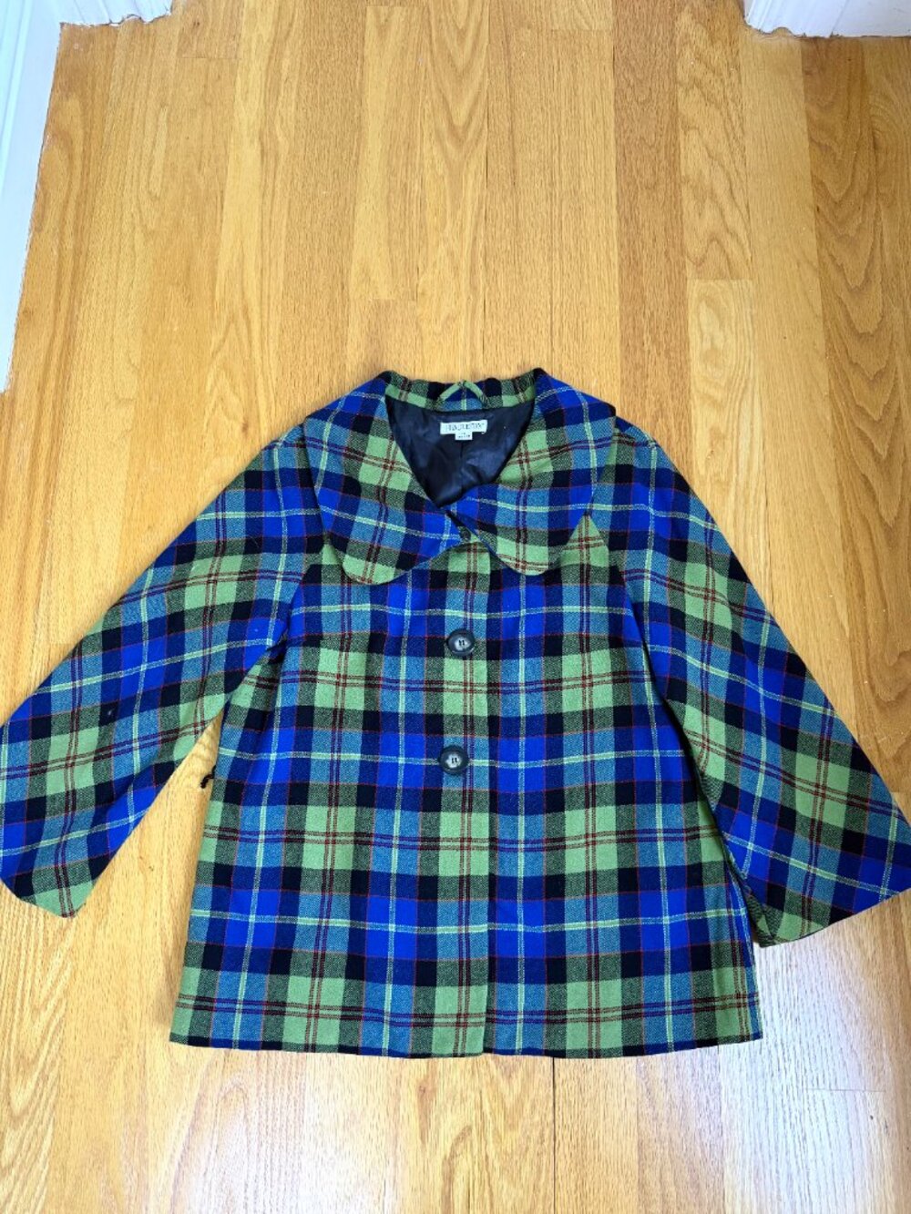 Pendleton Wool Plaid Jacket Green Cobalt Blue Wide Round Collar (16) - Picture 6 of 10
